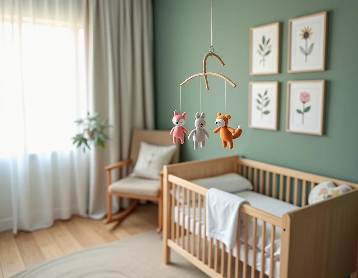 Mobile musical pastel avec animaux en tissu suspendu au-dessus d'un berceau en bois dans une chambre de bébé style scandinave