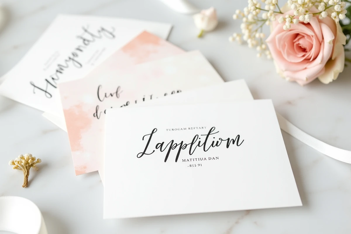 Modèles de cartes de baptême modernes en éventail sur marbre avec fleurs séchées et messages imprimés