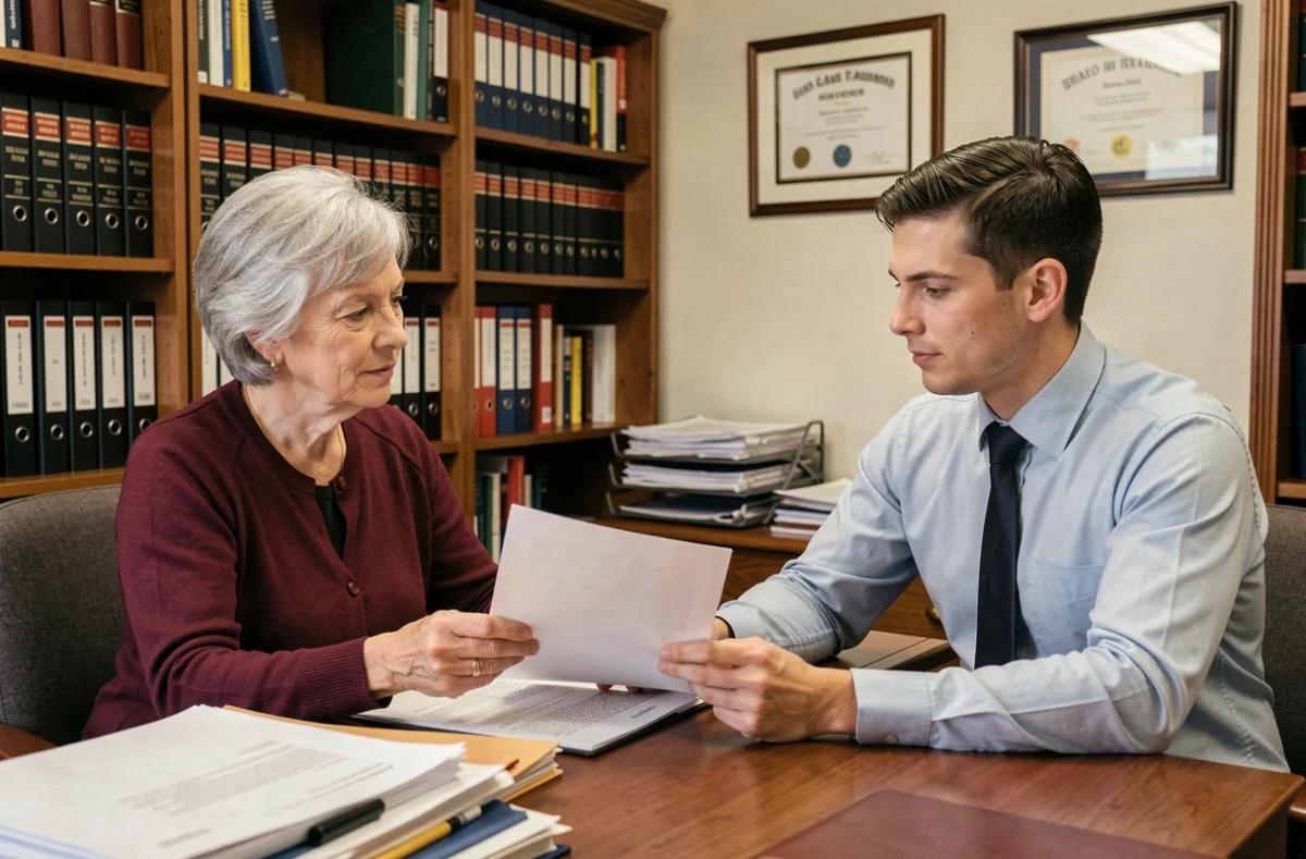 Femme consultant un conseiller juridique pour un recours administratif concernant le nom d'usage sur son passeport