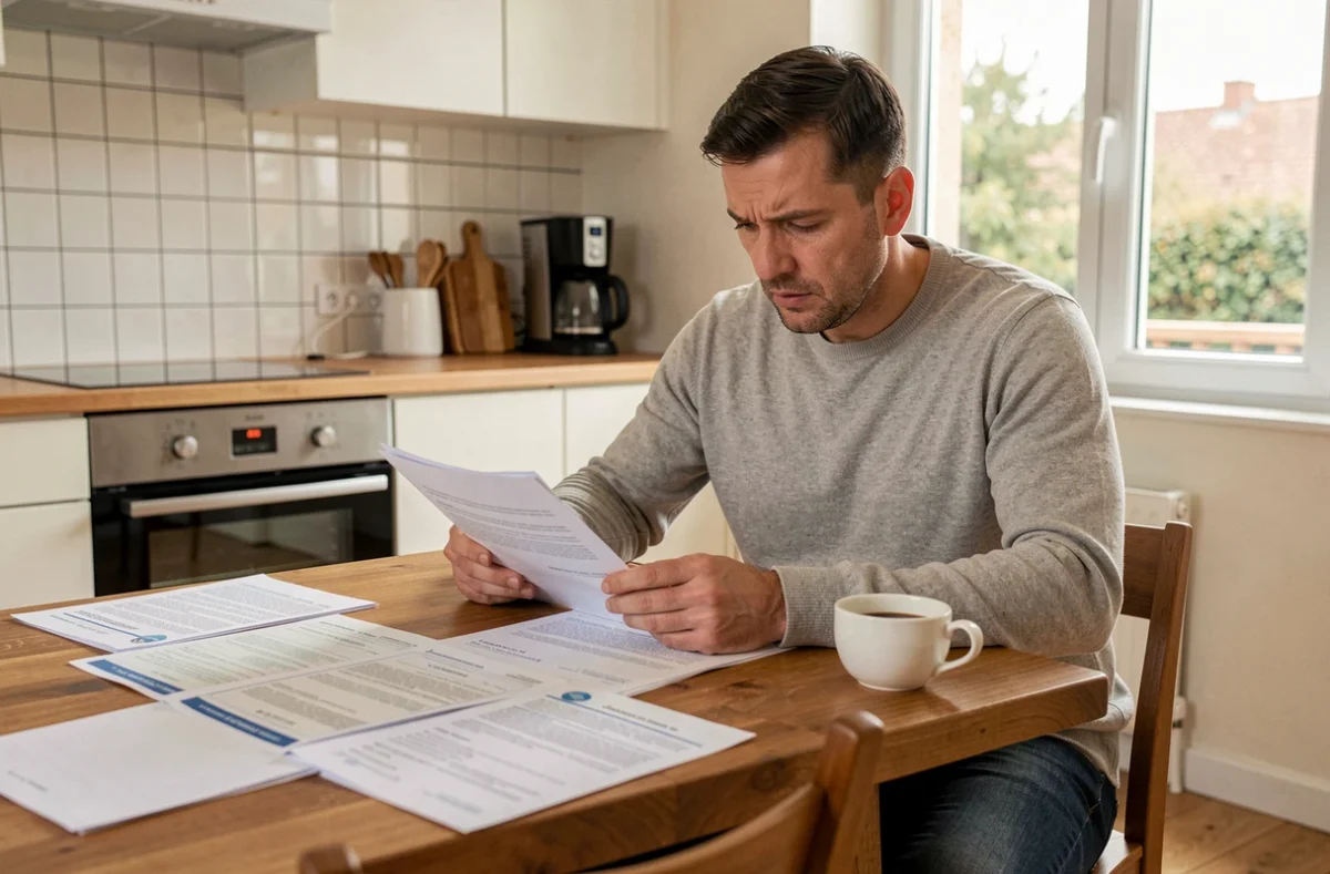 Homme consultant des courriers administratifs et formulaires à domicile pour contester un refus de nom d'usage sur passeport