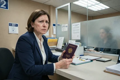 Femme tenant un passeport et des documents d'identité face à un guichet administratif lors d'un refus de nom d'usage