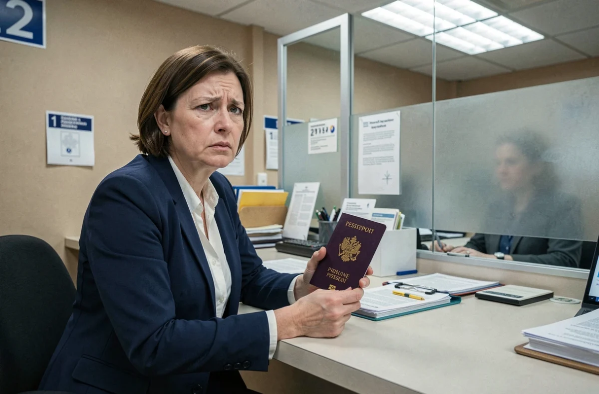 Femme tenant un passeport et des documents d'identité face à un guichet administratif lors d'un refus de nom d'usage