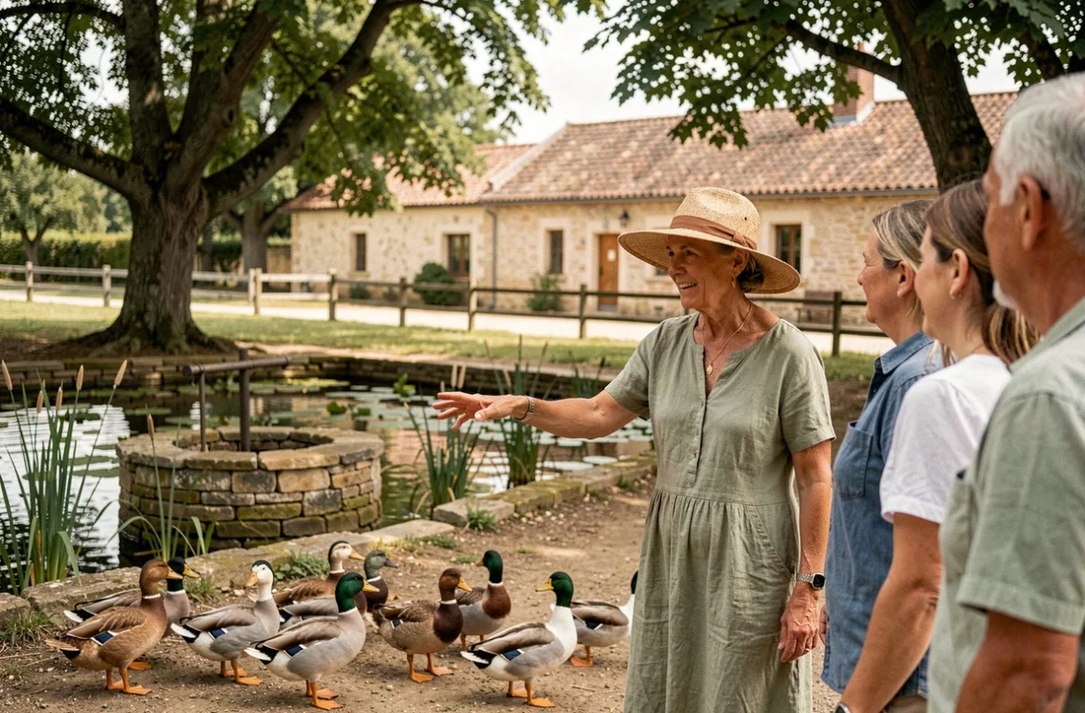 Une guide présente une mare aux canards aux visiteurs de L'Odyssée du Berry, ferme pédagogique à Vornay