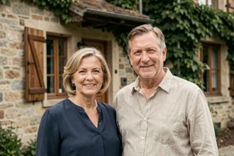 Couple de parents d'origine européenne devant une maison familiale traditionnelle en pierre, illustrant les origines familiales et l'histoire parentale