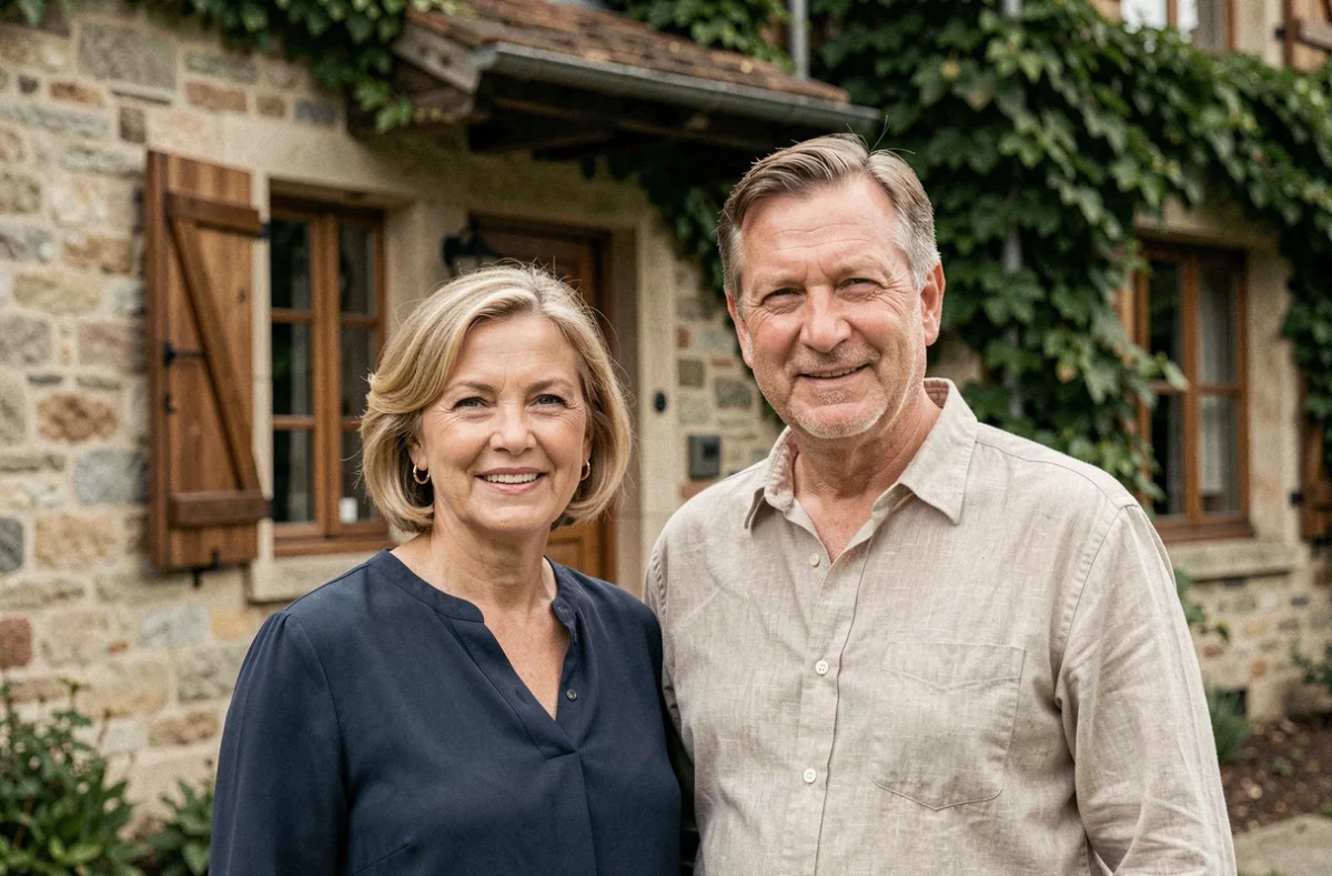 Couple de parents d'origine européenne devant une maison familiale traditionnelle en pierre, illustrant les origines familiales et l'histoire parentale