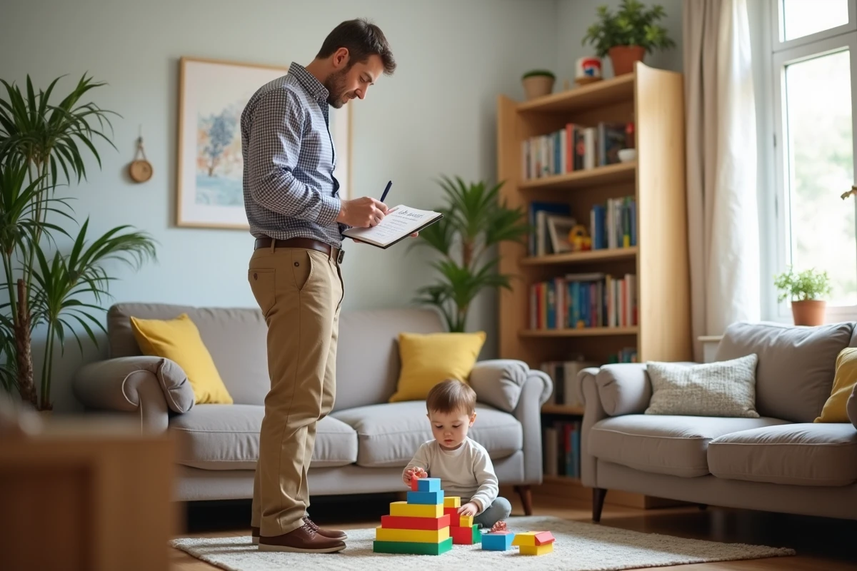 Père et enfant jouant avec des blocs dans le salon lumineux