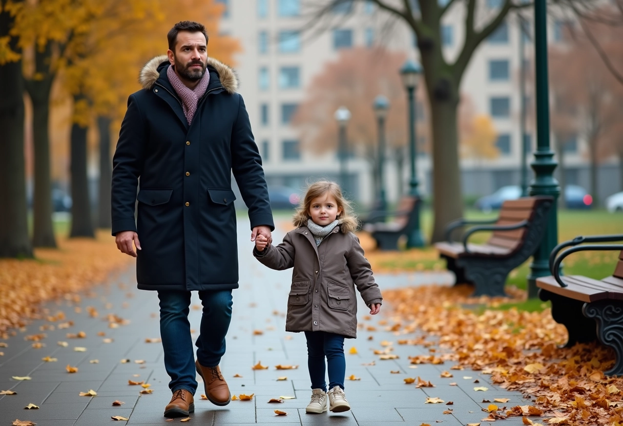 P&egrave;re et fille marchant dans un parc en automne
