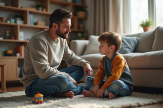 Père et fils assis sur le tapis du salon en pleine discussion