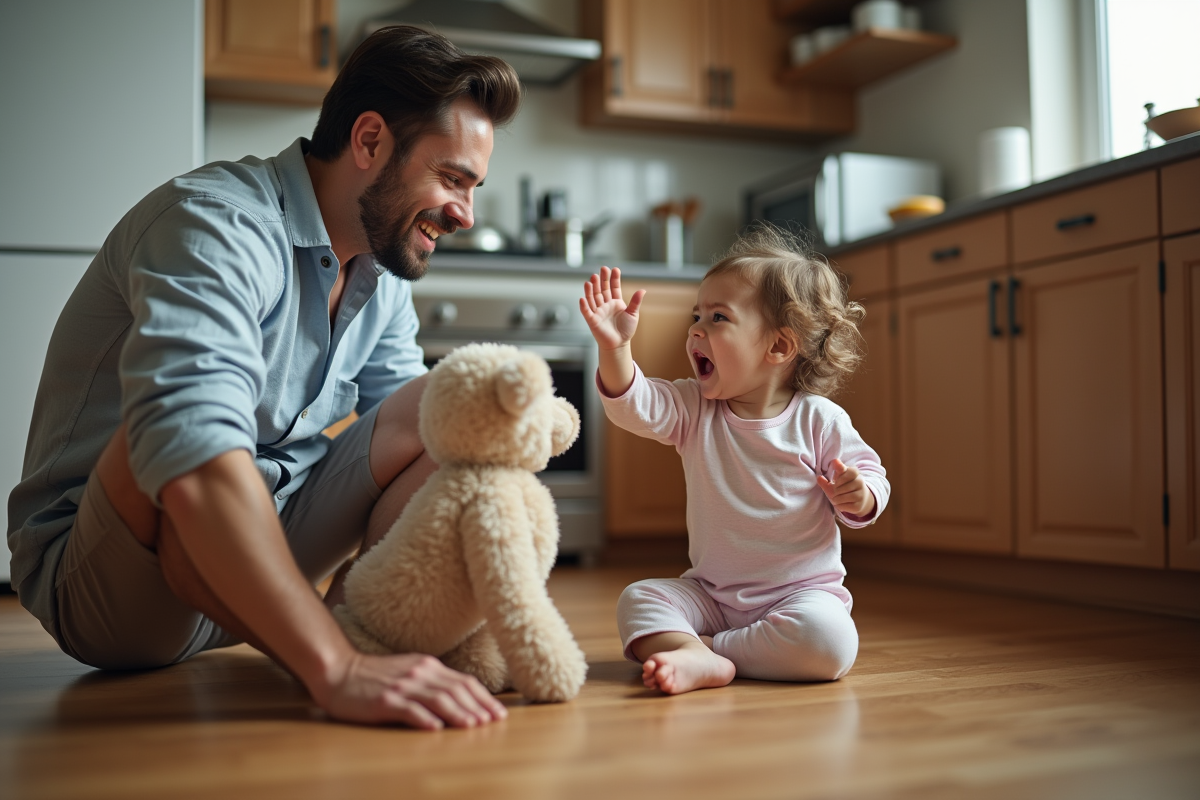 Père rassurant sa fille en crise dans la cuisine