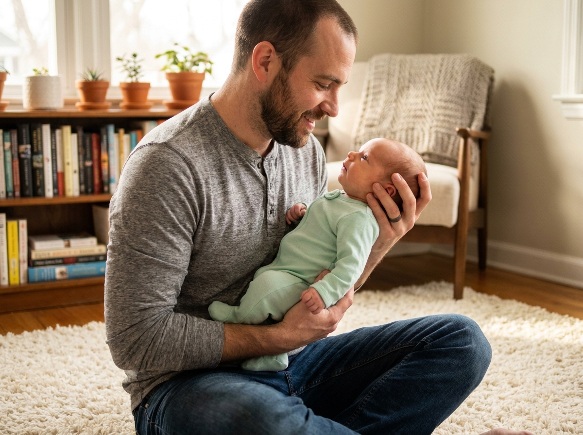 Papa tenant son bébé de 1 mois éveillé contre lui dans un coin cosy de la maison avec une bibliothèque en bois