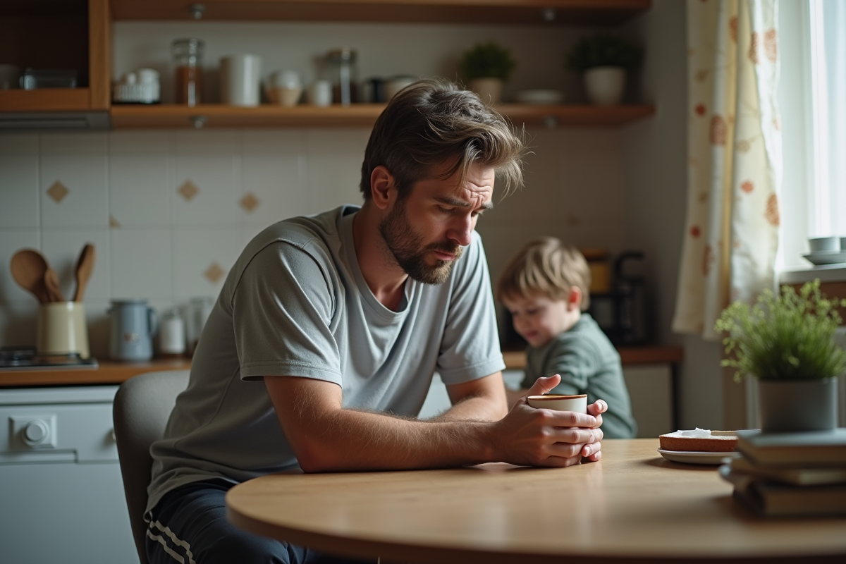 Père fatigué assis à la table de cuisine avec un enfant