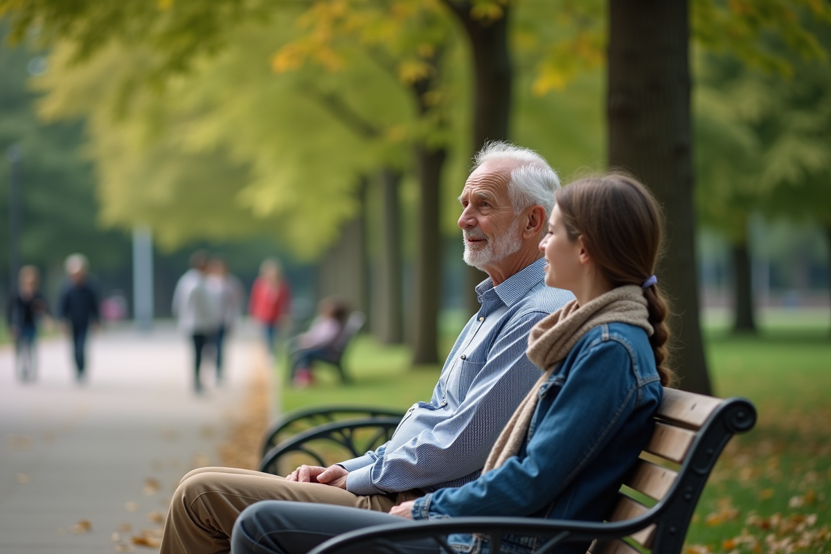 Père et fille discutant assis sur un banc dans un parc