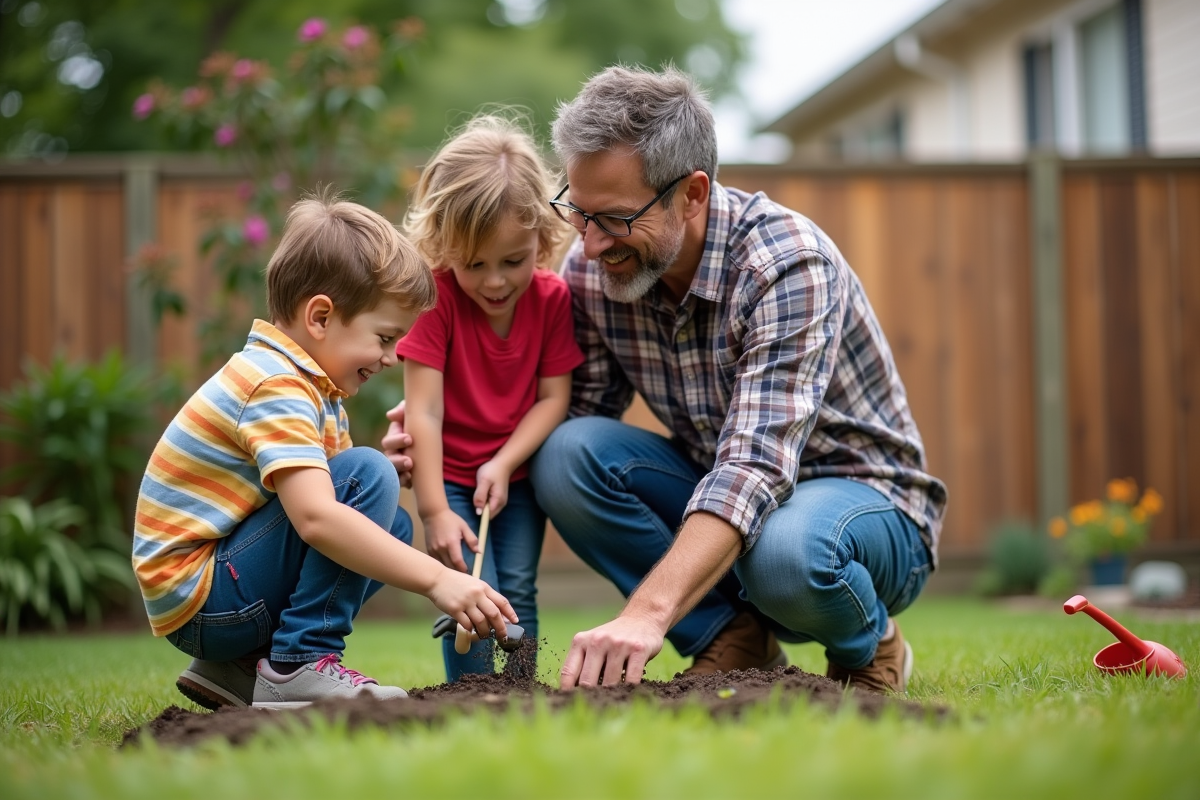 Pere encourageant ses enfants dans le jardin
