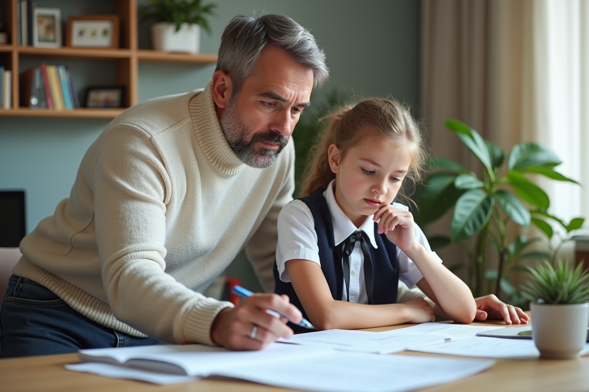 Homme pensif avec sa fille dans un bureau lumineux
