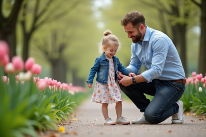 Père aidant sa fille à attacher sa chaussure dans un parc