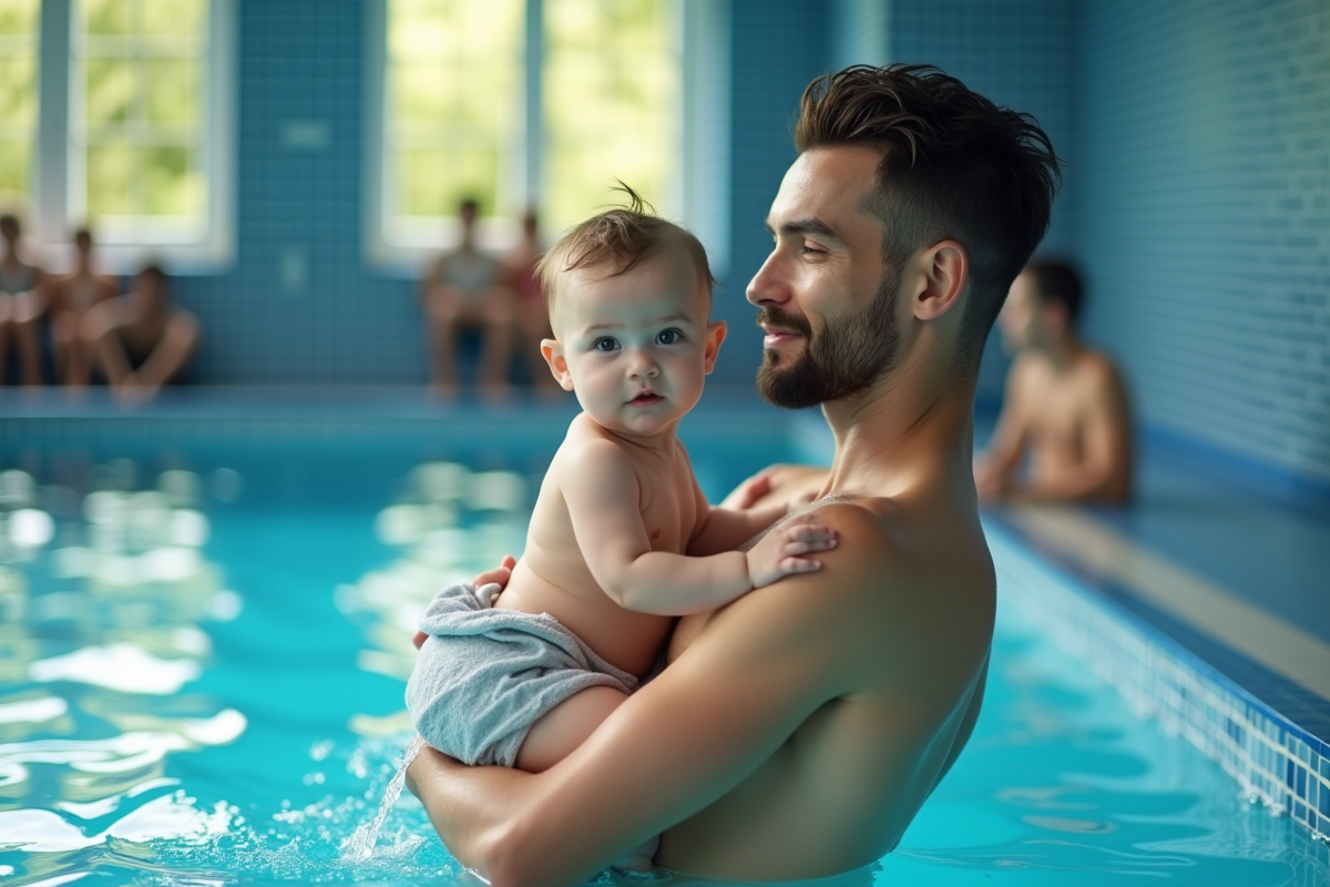 Père tenant sa fille dans une piscine communautaire intérieure