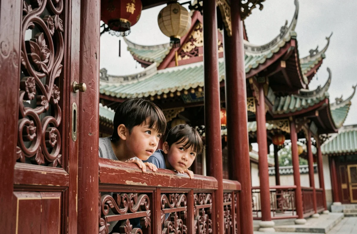 Deux enfants découvrant l'architecture traditionnelle du Pavillon Chinois dans le Val-d'Oise