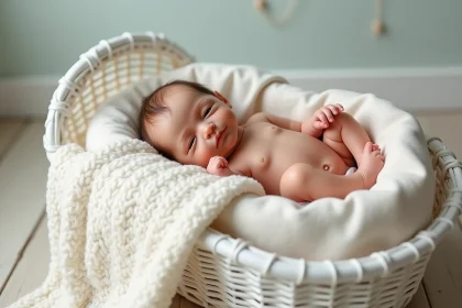 Poupée reborne en silicone réaliste posée dans un berceau en osier blanc tapissé de coton ivoire dans une chambre de bébé