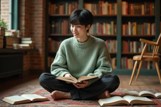 Jeune personne au prénom mixte Sacha feuilletant des livres d'étymologie dans une librairie chaleureuse