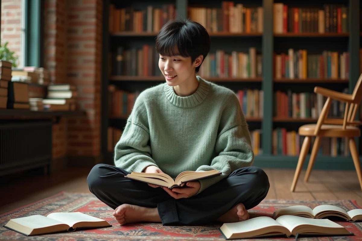 Jeune personne au prénom mixte Sacha feuilletant des livres d'étymologie dans une librairie chaleureuse