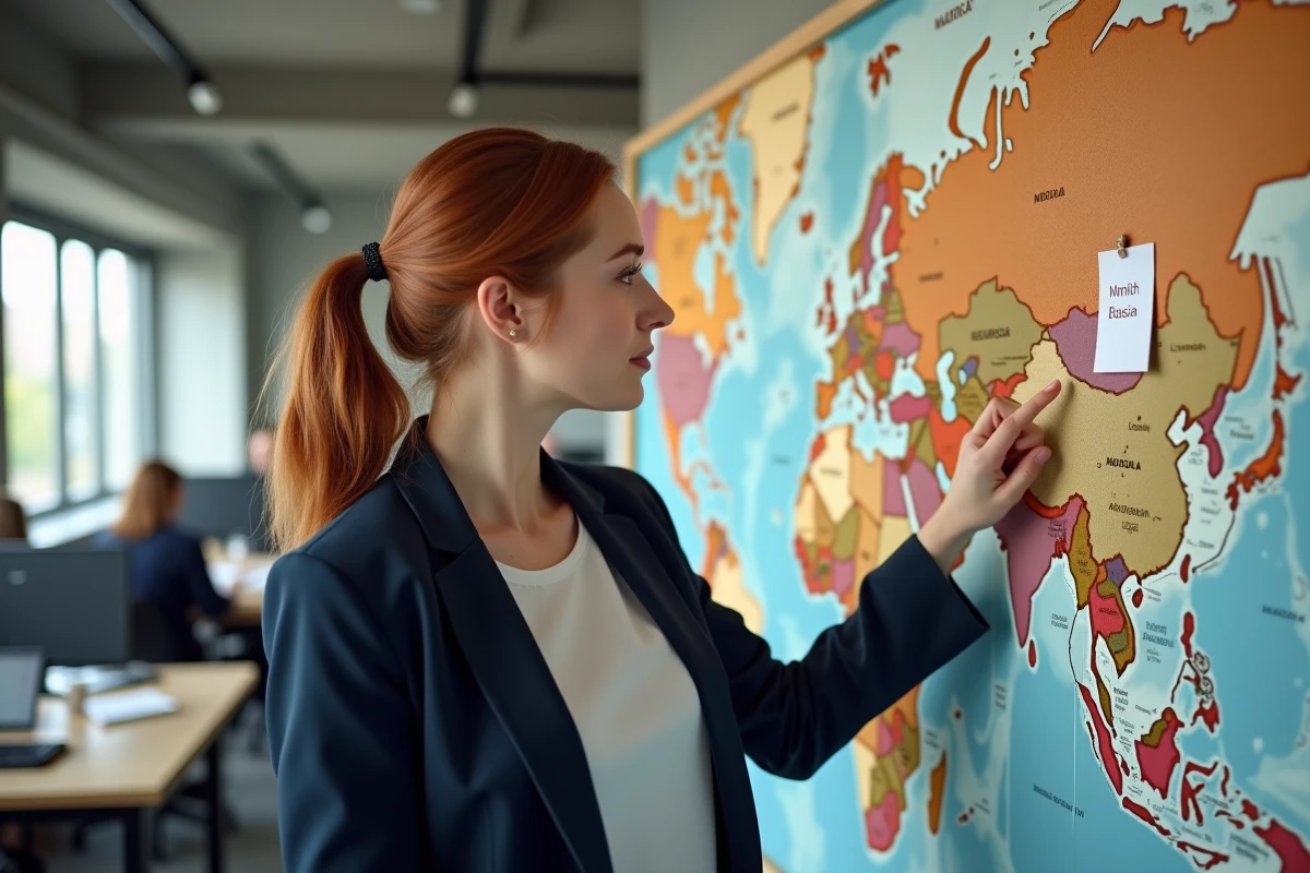 Femme désignant les origines russes et slaves du prénom Sacha sur une carte du monde illustrée