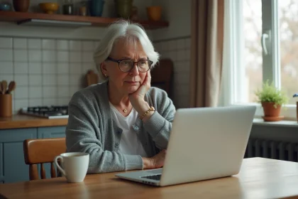 Femme d'âge mûr frustrée devant son ordinateur portable en tentant de se connecter à un service en ligne depuis sa cuisine