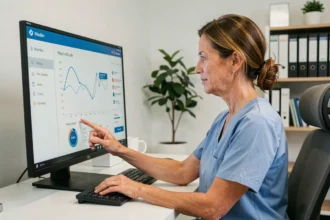 Professionnelle de santé utilisant le portail Médisysnet sur un ordinateur dans un bureau médical moderne en 2026