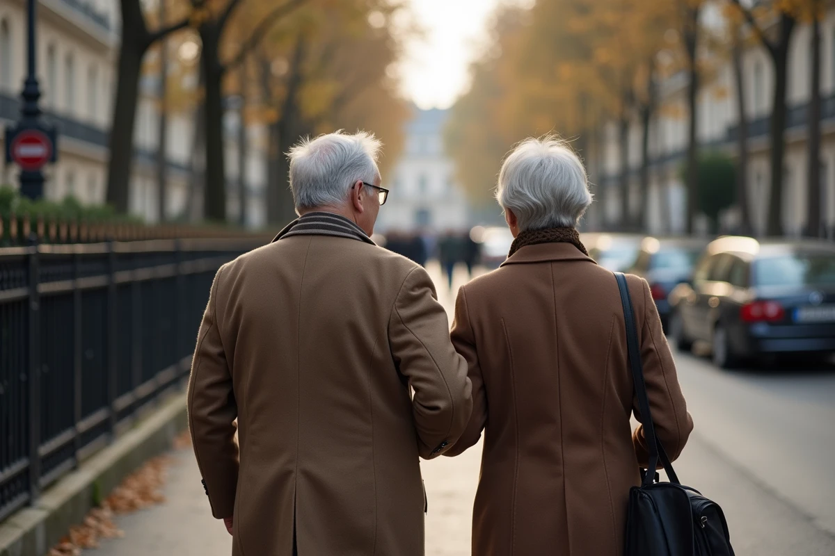 Couple âgé marchant dans une rue parisienne