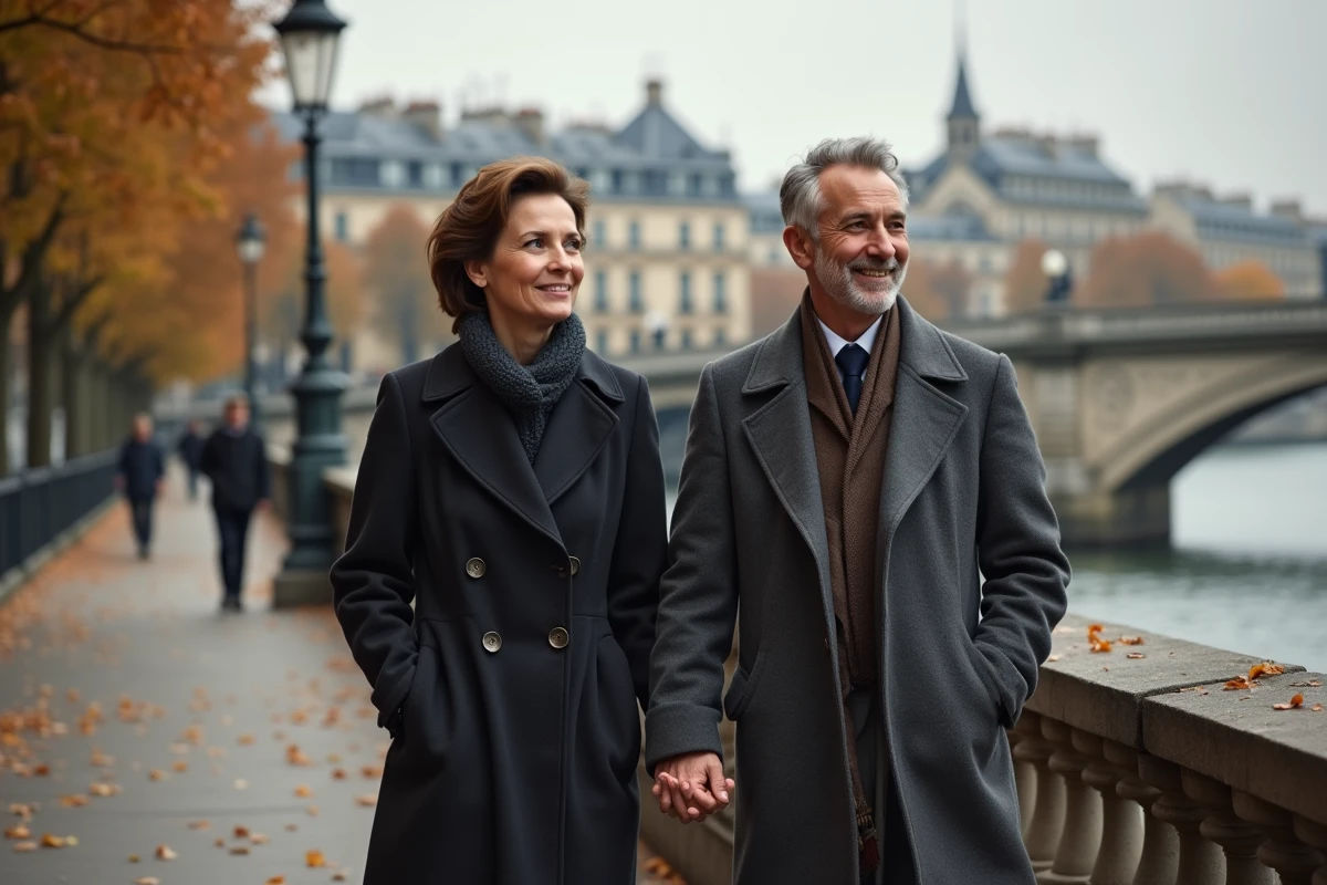 Femme et homme marchant main dans la main sur un quai parisien