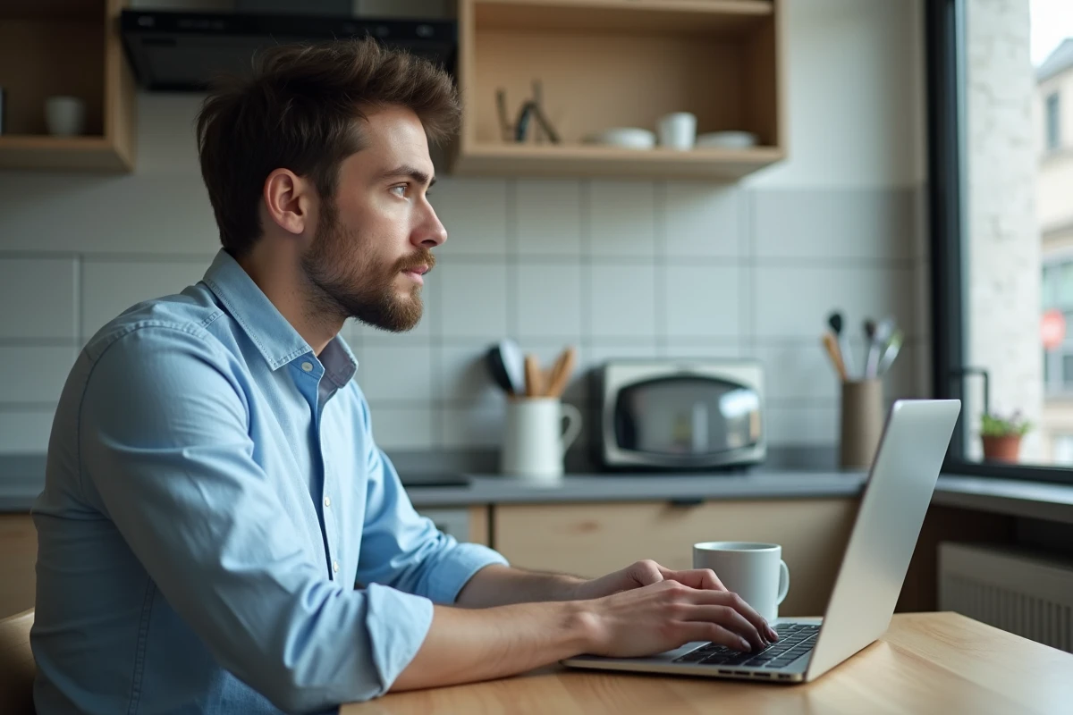 Homme recherchant une assistante sociale en ligne depuis chez lui sur son ordinateur portable