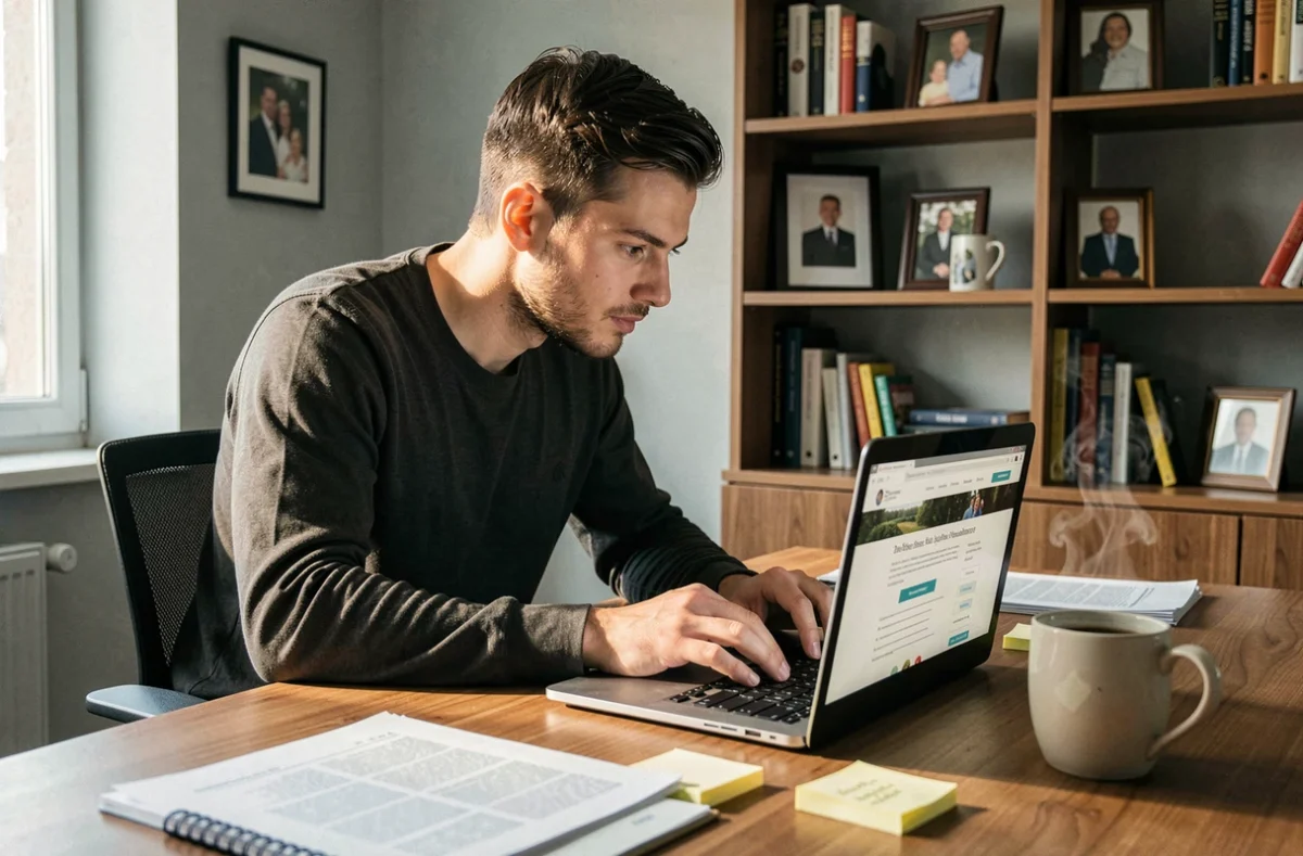 Jeune homme effectuant des recherches généalogiques sur ordinateur portable, entouré de documents familiaux, symbolisant la quête des origines parentales