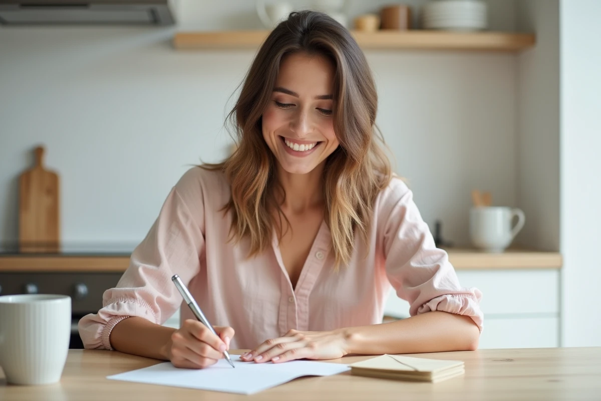 Femme rédigeant une carte de baptême à la main avec un stylo plume dans une cuisine moderne