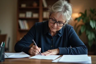 Femme rédigeant un courrier administratif de déclaration de décès à la CPAM à son bureau à domicile