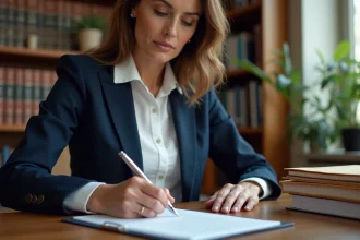 Femme rédigeant une lettre formelle au juge aux affaires familiales à son bureau à domicile