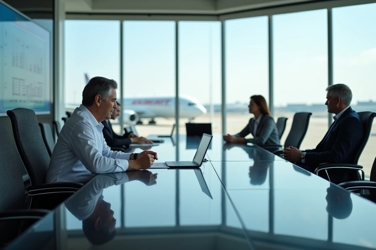Réunion de direction dans une salle de conférence d'un groupe aéronautique international avec vue sur des avions