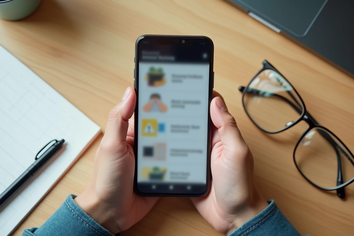 Vue de dessus d'un smartphone affichant un site web frauduleux imitant un annuaire scolaire type MaFicheClasse