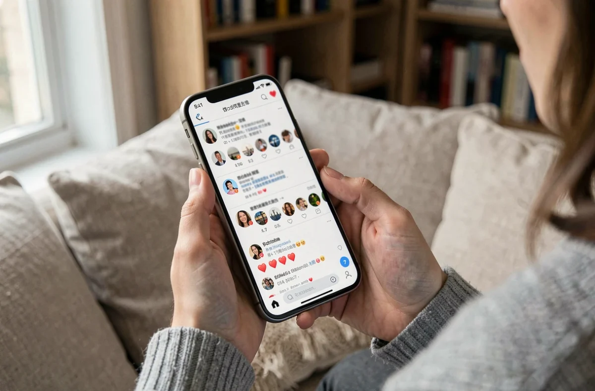 Gros plan sur un smartphone affichant un fil de réseaux sociaux avec des spéculations, tenu par une femme dans un appartement