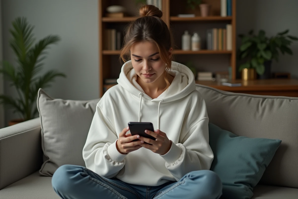 Jeune femme cherchant une solution sur son smartphone pour résoudre un problème de connexion au site Justice Parloir