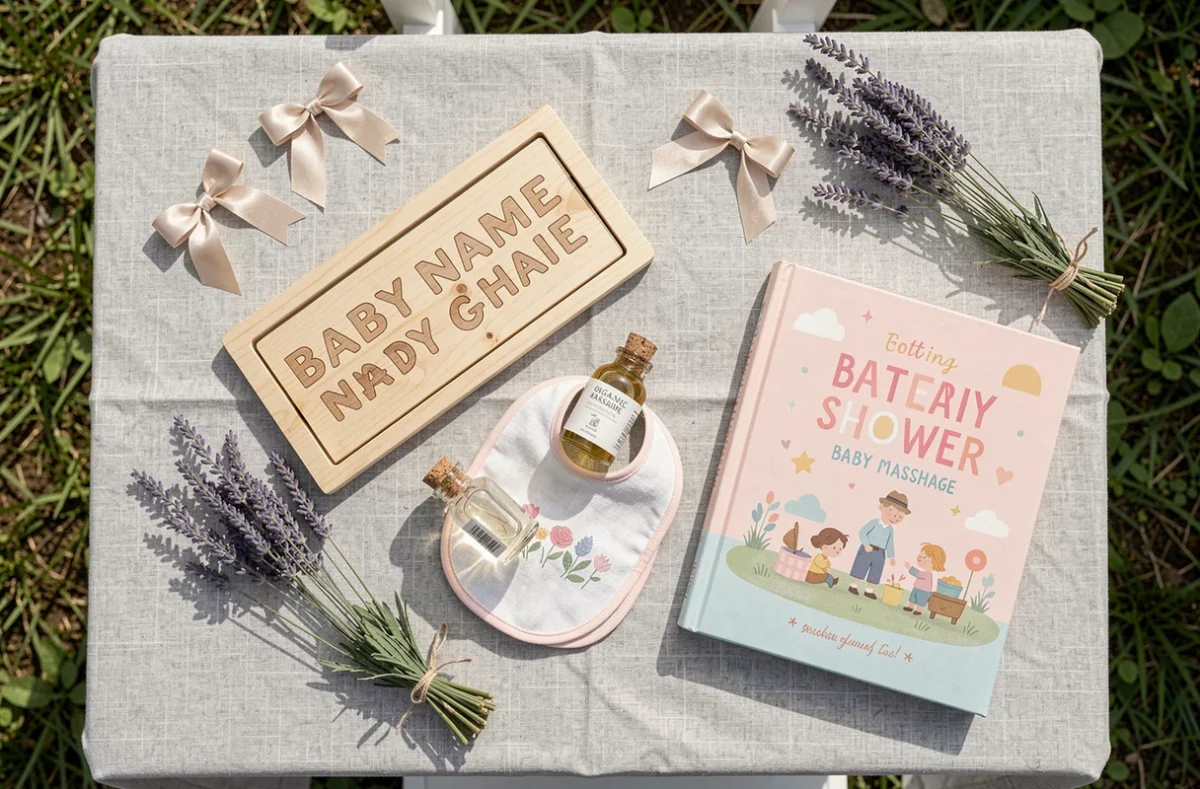 Table de baby shower avec cadeaux naissance originaux tendance 2026 incluant puzzle prénom en bois, huile de massage bio et livre illustré