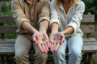 Couple montrant leurs tatouages d'initiales au poignet assis sur un banc en bois dans un jardin