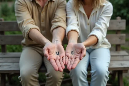 Couple montrant leurs tatouages d'initiales au poignet assis sur un banc en bois dans un jardin