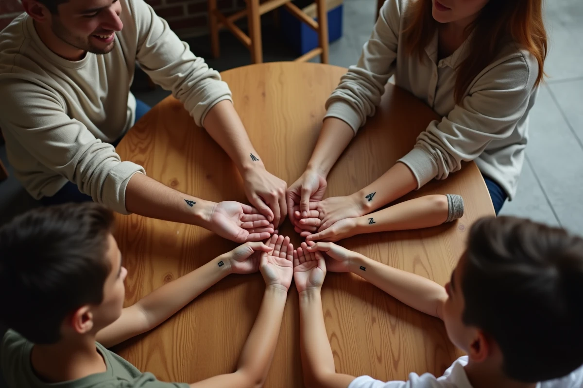 Famille réunie autour d'une table montrant leurs tatouages d'initiales coordonnés au poignet