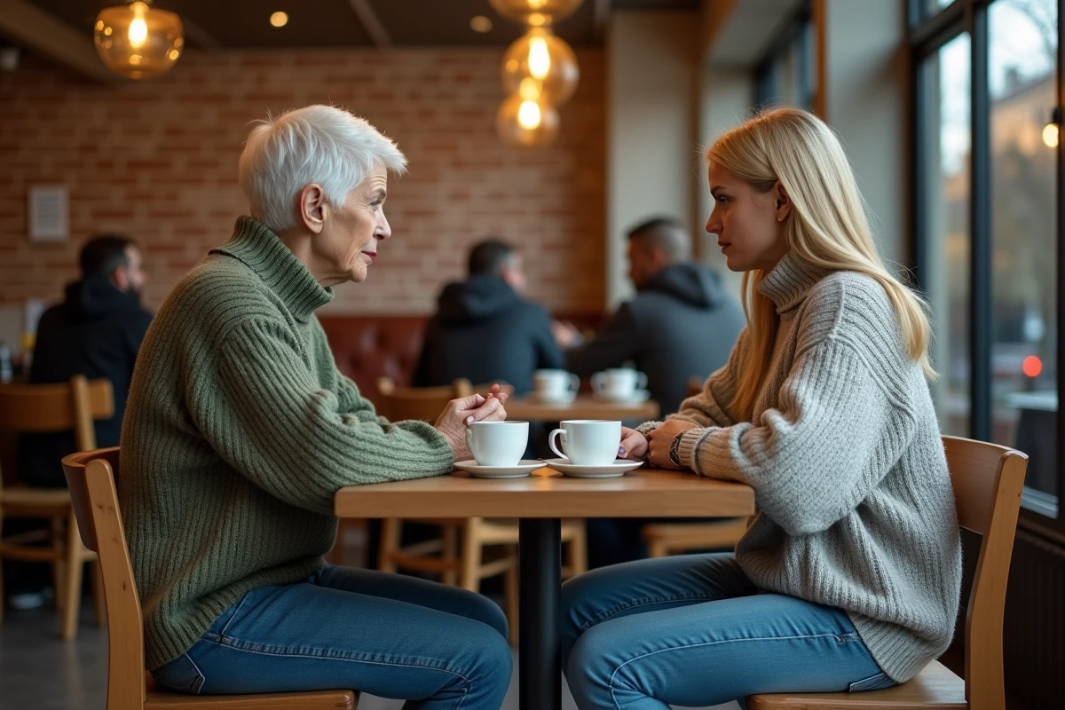Mère et fille adulte assises face à face dans un café avec une tension émotionnelle visible et un manque de communication entre elles