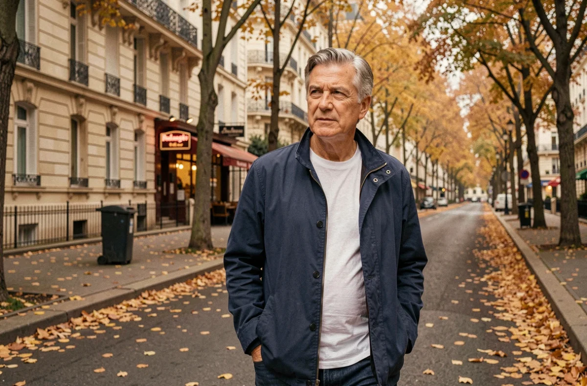 Thierry Cabannes se promenant dans une rue parisienne en automne lors d'un moment de vie quotidienne