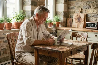 Thierry Cabannes savourant son café du matin dans sa cuisine parisienne au cadre chaleureux et authentique