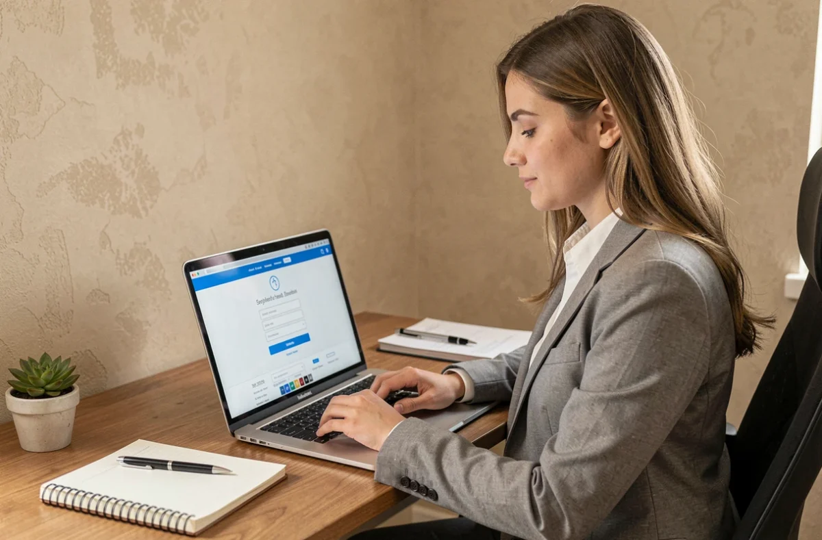 Utilisatrice accédant au portail Médisysnet depuis son bureau à domicile sur un ordinateur portable