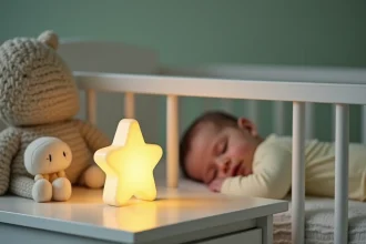 Veilleuse lumineuse en forme d'étoile posée sur une commode blanche dans une chambre de bébé apaisante avec un nourrisson endormi