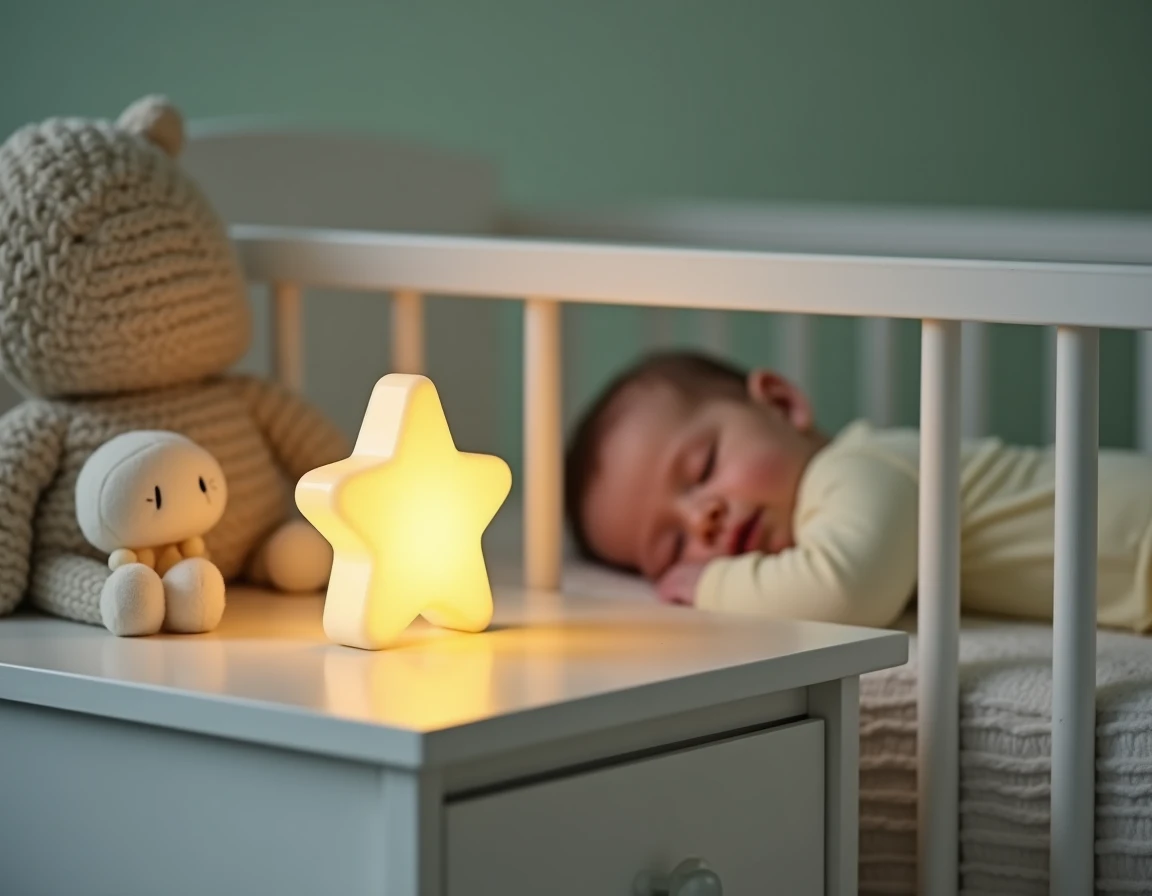 Veilleuse lumineuse en forme d'étoile posée sur une commode blanche dans une chambre de bébé apaisante avec un nourrisson endormi