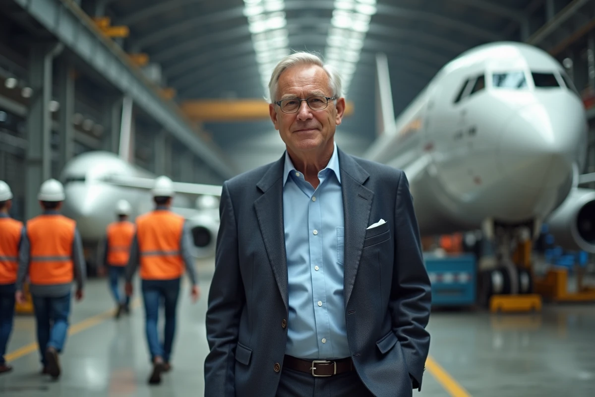 Cadre dirigeant en visite dans un hangar d'assemblage d'avions entouré d'ingénieurs aéronautiques